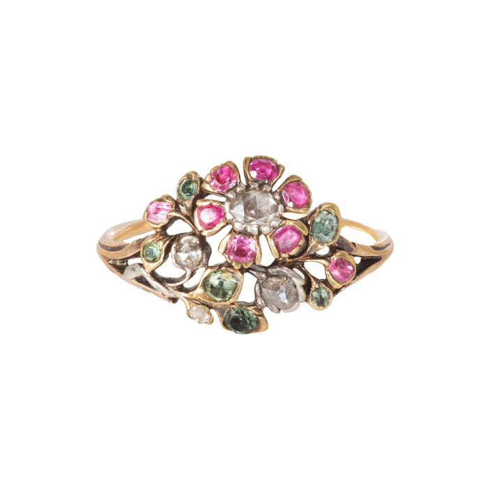 Georgian Giardinetti ring with diamond, emerald and ruby, Italian c.1780