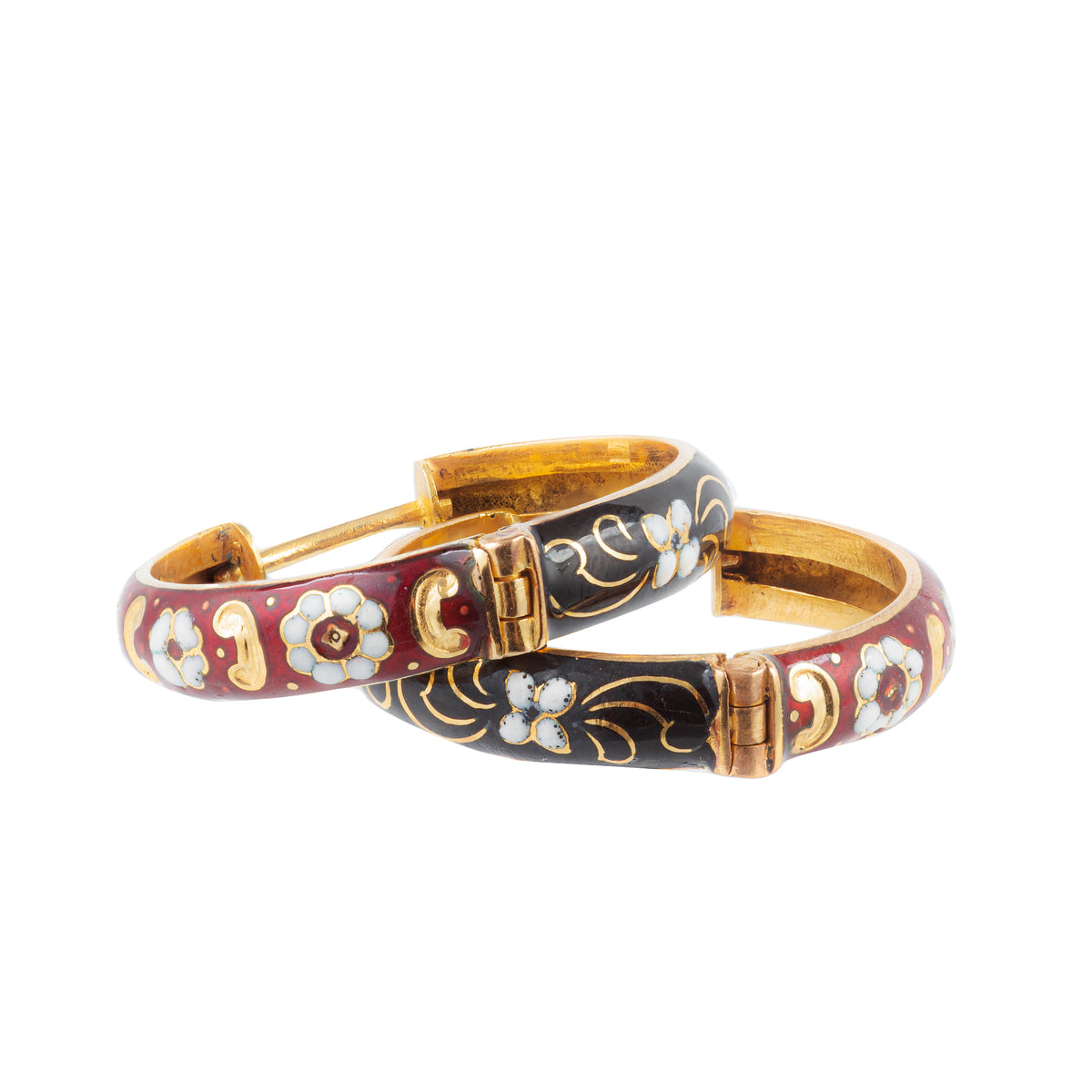 Flat lay of vintage 18ct gold enamel hoop earrings, Italian c.1950s, with floral panels and fine scrollwork detail.