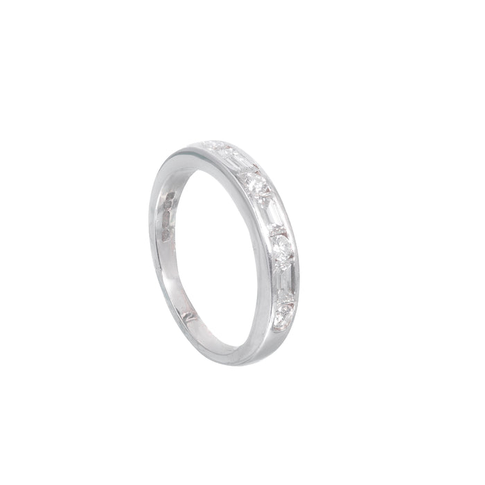 Side profile of vintage 18ct white gold diamond half eternity ring, 0.70ct VS1 G colour diamonds in low set band