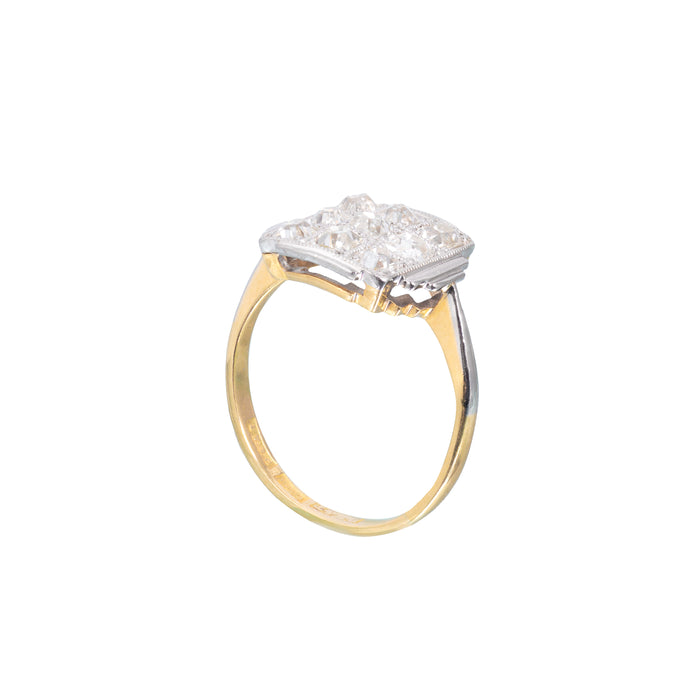 Side profile of vintage 1920s Art Deco square diamond ring with platinum top and gold band, set with 1.1ct old European cut diamonds