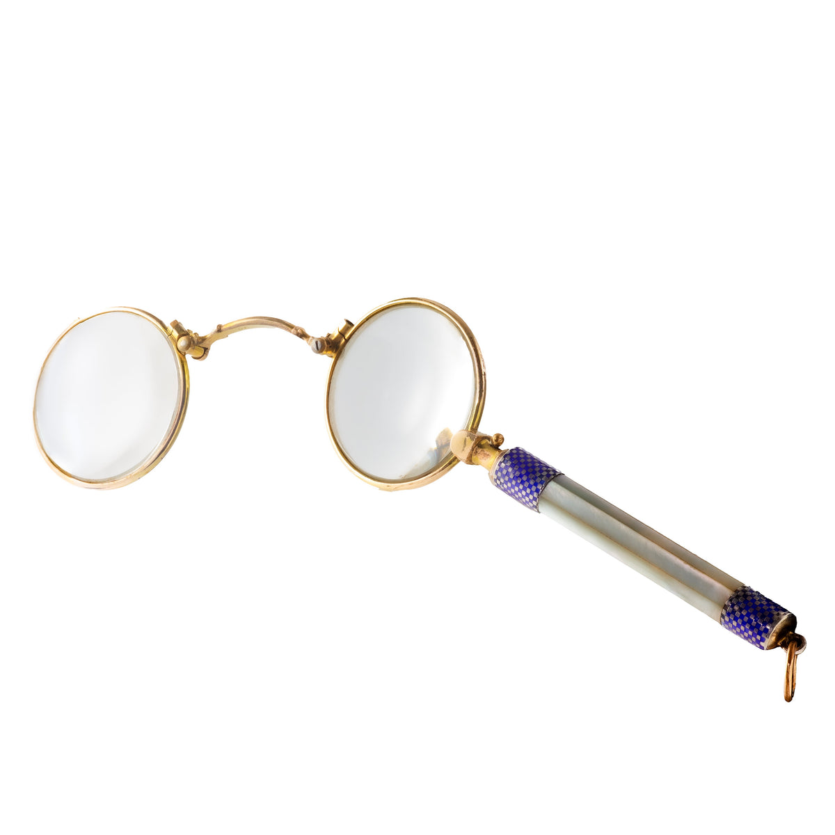 1920s English lorgnettes in gold filled metal with blue enamel and mother of pearl handle, open position showing lenses.