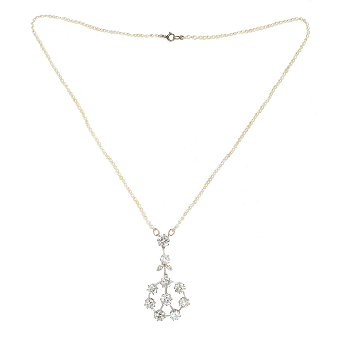 Mid century 1950s diamond floral drop pendant necklace, 5.5ct brilliant cut diamonds on seed pearl strand, full view