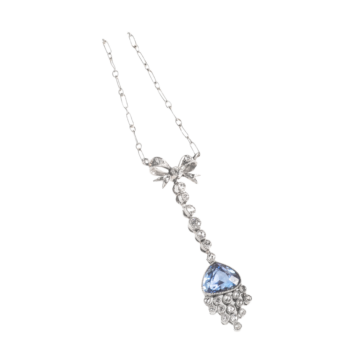 Platinum necklace with diamond bow and sapphire drop, Belle Époque