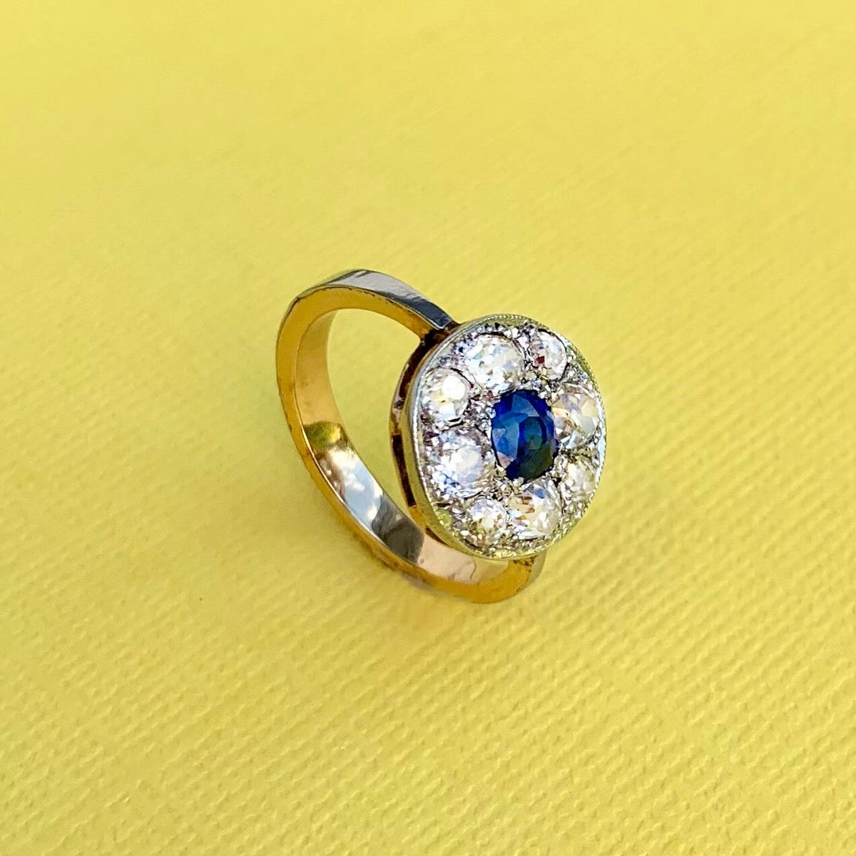 Sapphire & Old Cut Diamond Cluster Ring | Art Deco c.1920s