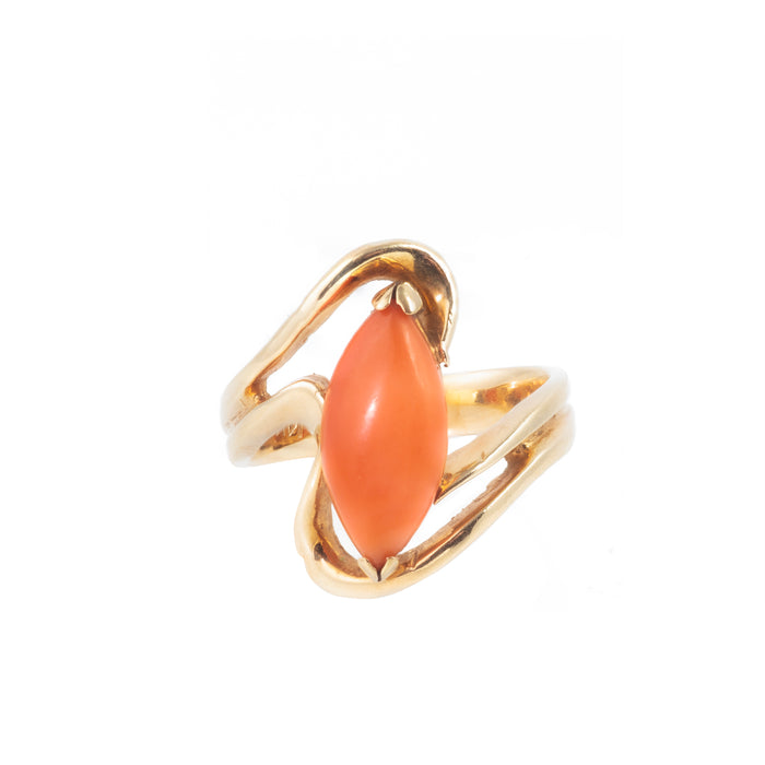Vintage Italian coral ring with marquise cabochon in sculptural 14ct gold, c.1960s.
