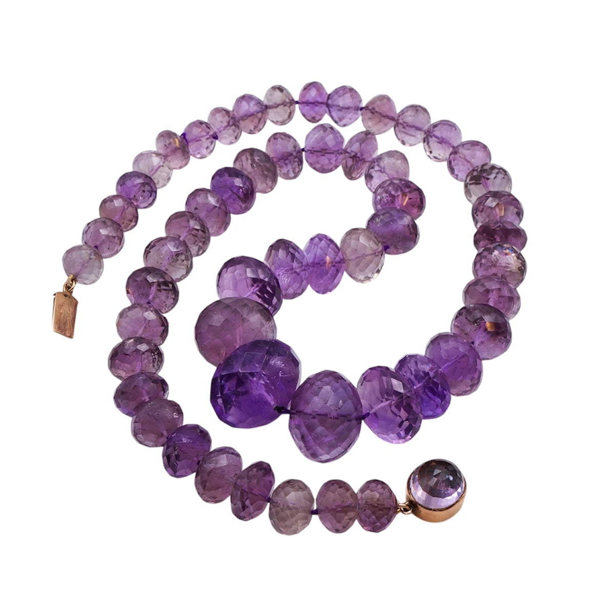 Vintage 1970s purple amethyst necklace, silk strung with gold clasp