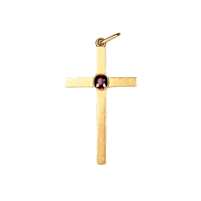 1920s antique gold cross pendant with Burma ruby, photographed from the front