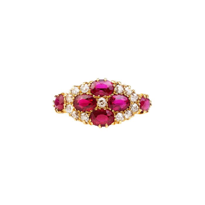 Antique Burmese ruby and diamond cluster ring in 18ct gold, Chester 1914, set with six natural Burmese rubies and old cut diamonds in Edwardian design.