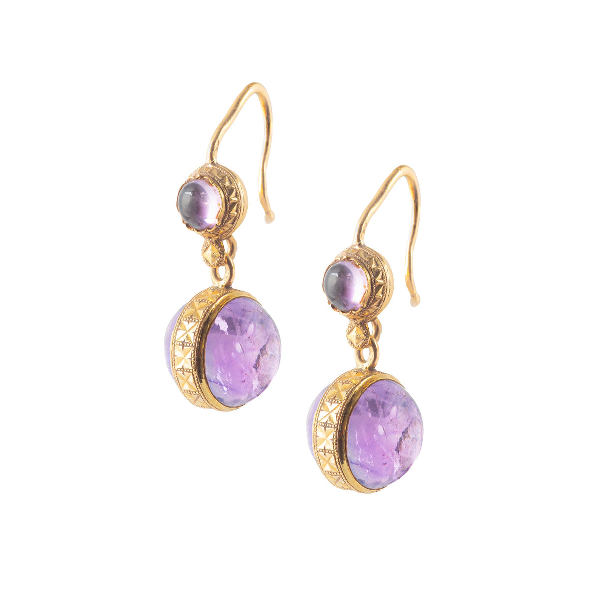 Front view of antique French 18ct gold drop earrings with cabochon amethysts, circa 1880s, featuring millegrain detail and French eagle’s head hallmark.