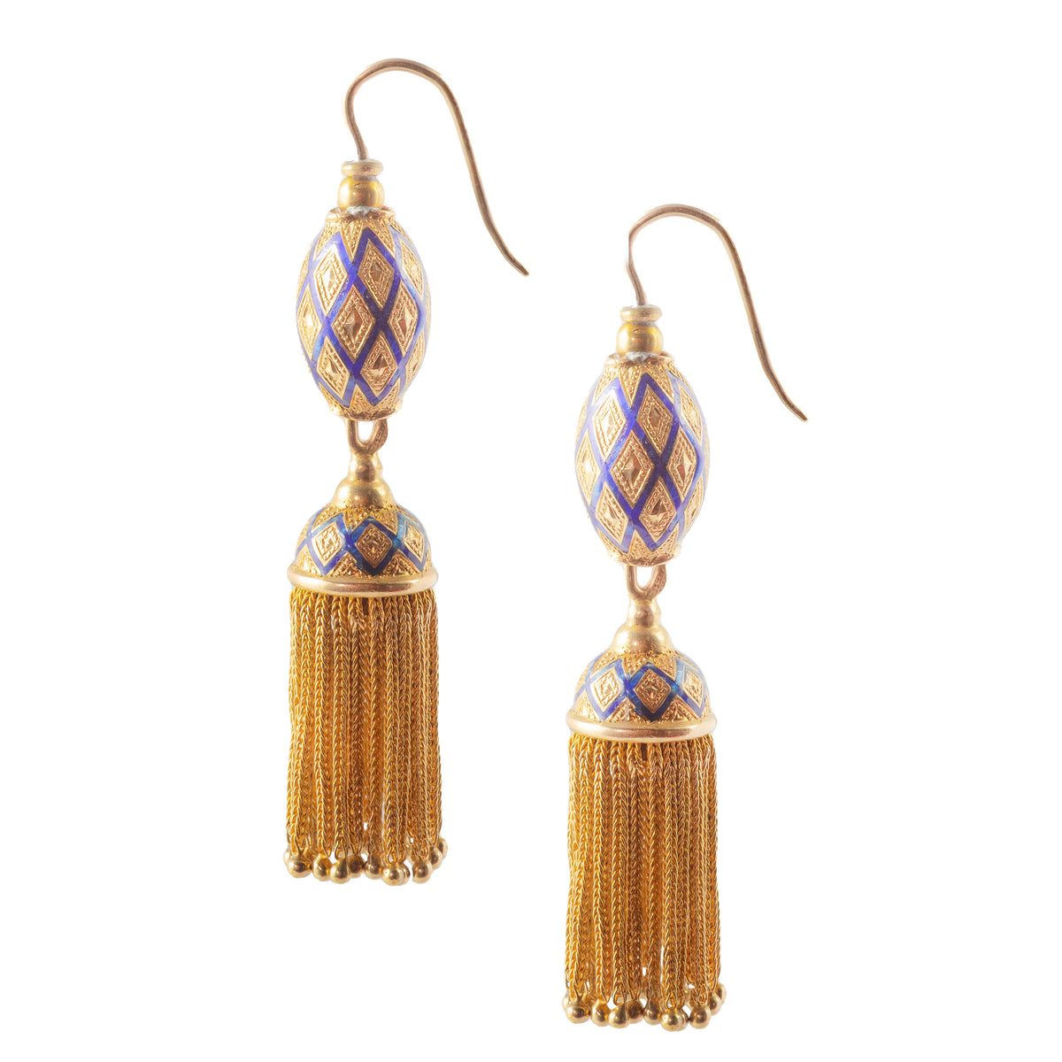 Antique French tassel earrings in 18ct yellow gold with cobalt blue enamel, c.1880, featuring fine gold chain drops.