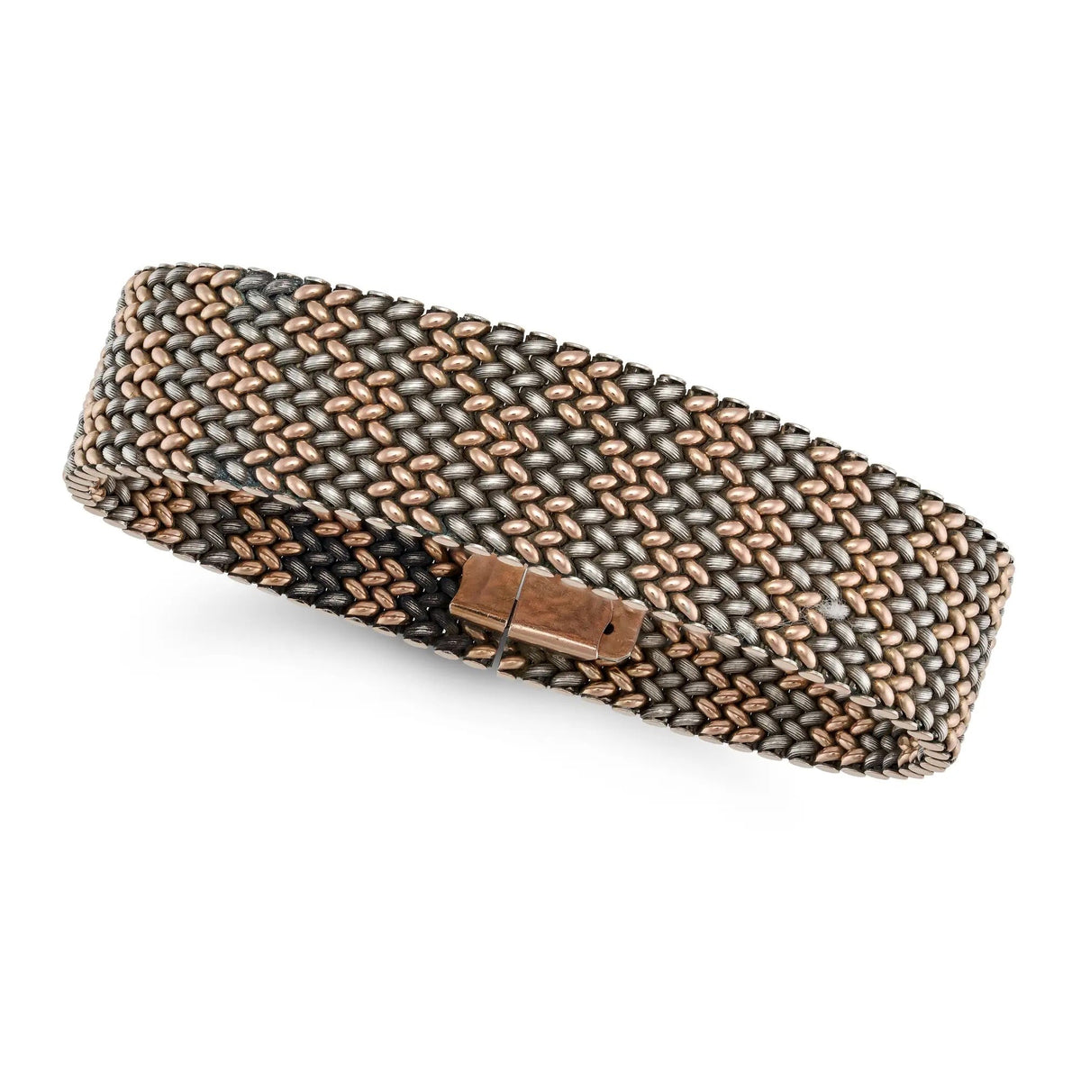 Antique French bracelet c.1900 woven in 18ct rose gold and silver with French hallmarks and flexible mesh design, full view.
