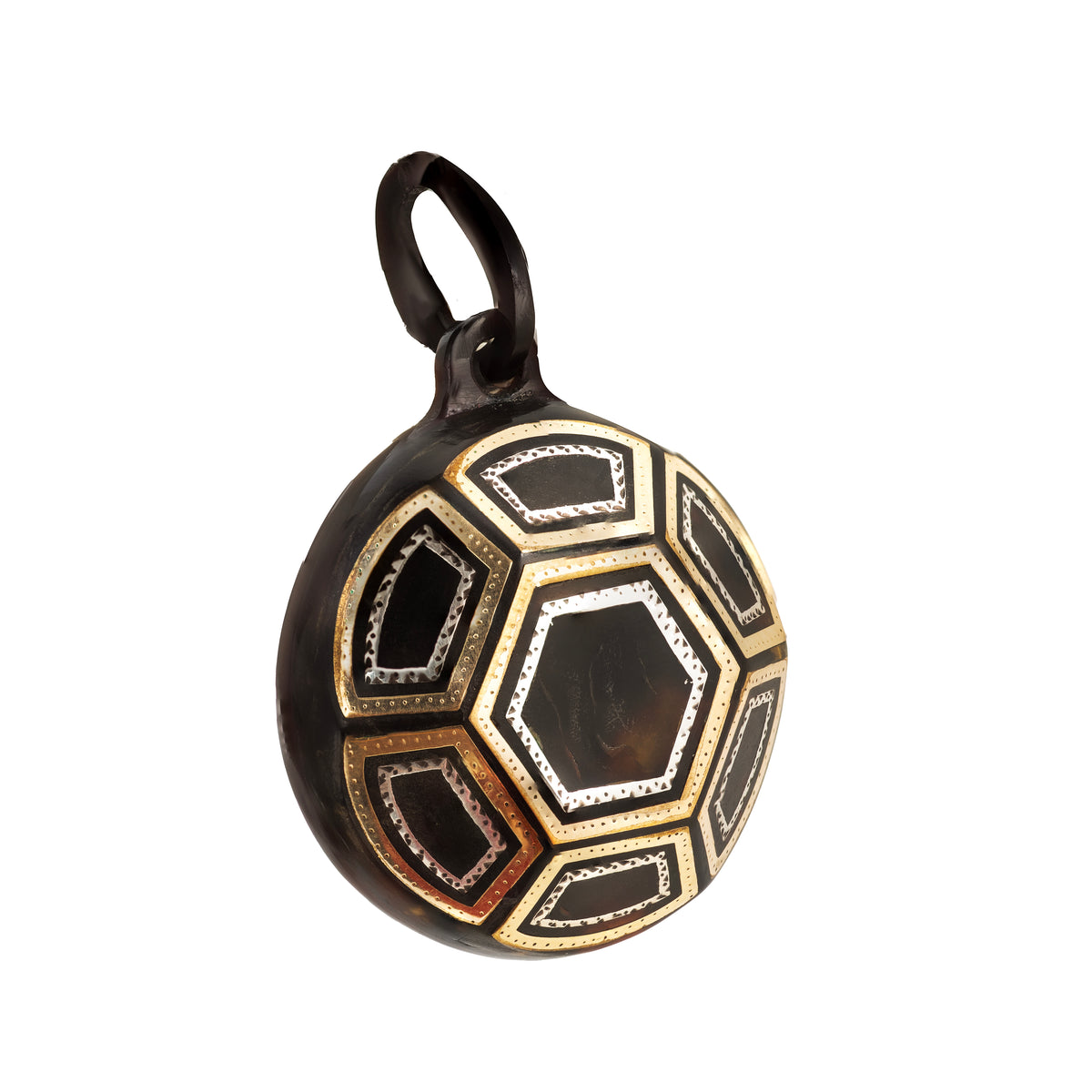 Front view of a Victorian piqué pendant crafted in dark tortoiseshell with fine gold and silver inlay, featuring a geometric hexagonal and lozenge design, circa 1880s.