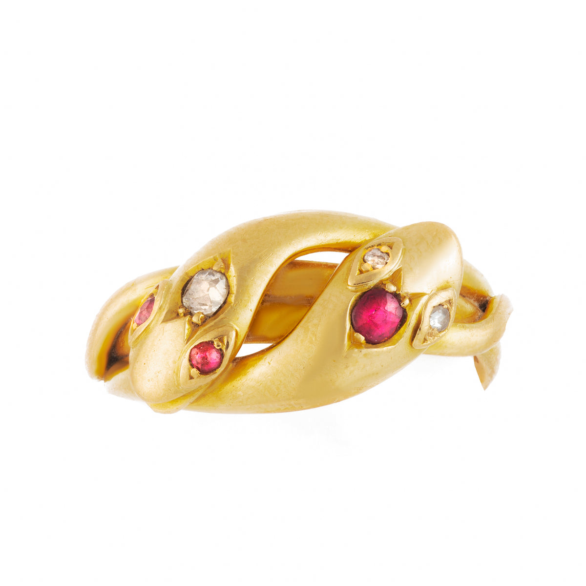 Front view of antique ruby and diamond snake ring in 18ct gold, early 1900s British design.