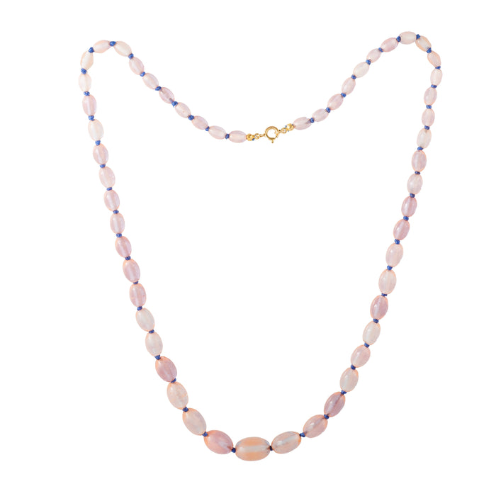 Late Victorian Saphiret glass necklace, c.1890s, with rare oval beads and gold clasp, full strand