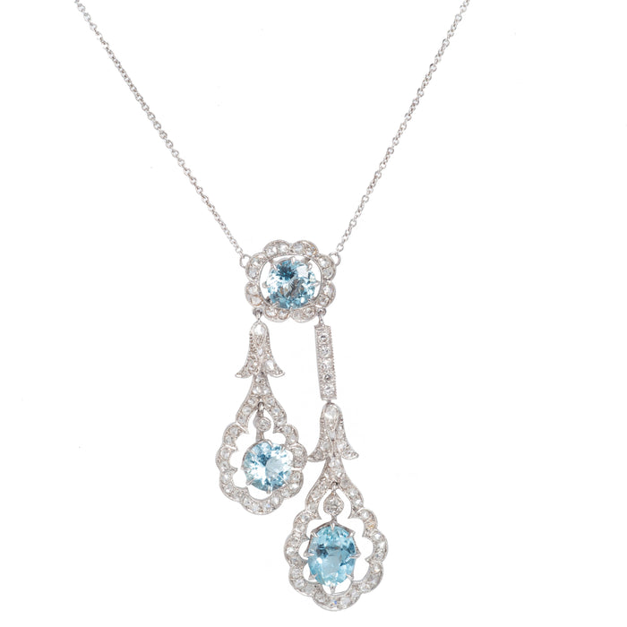 Close up of aquamarine and diamond negligee drop necklace, 3.85ct aquamarine and 1ct rose cut diamonds in platinum Belle Époque style.