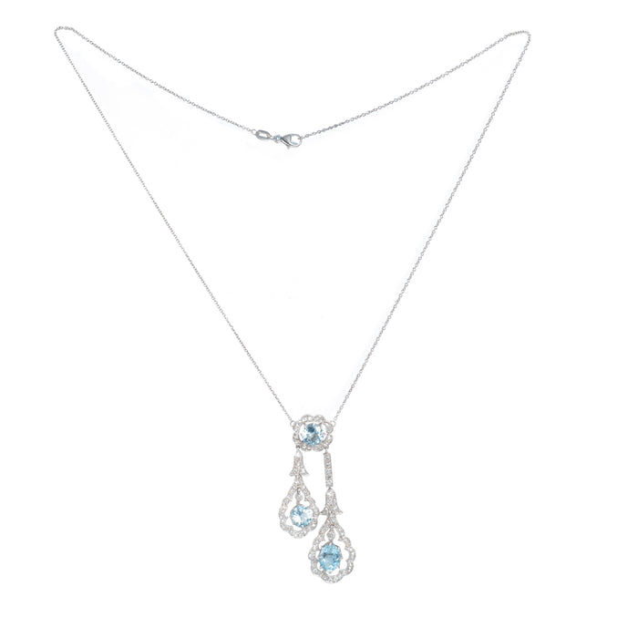 Full view of aquamarine and diamond negligee necklace with platinum chain, Belle Époque design, twin aquamarine drops and rose cut diamonds.