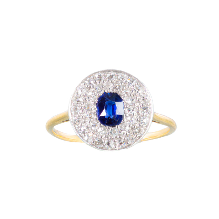 Art Deco Burma sapphire and diamond ring c.1930s, platinum and 18ct gold, 0.35ct sapphire with 0.40ct old cut diamonds, front view