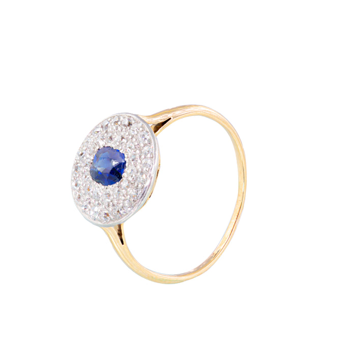 Antique 1930s Art Deco ring, Burmese sapphire centre with diamond surround, platinum and 18ct gold, side view