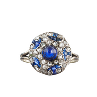 Art Deco cabochon sapphire and diamond ring c.1920s, platinum mount with 0.70ct sapphire centre, 0.50ct sapphires and 0.35ct rose cut diamonds, front view.