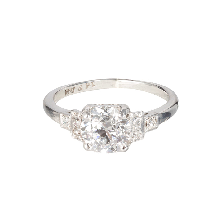 Art Deco diamond ring, c.1930s, 1.15ct Old European cut centre stone with stepped diamond shoulders in platinum and 18ct gold, front view