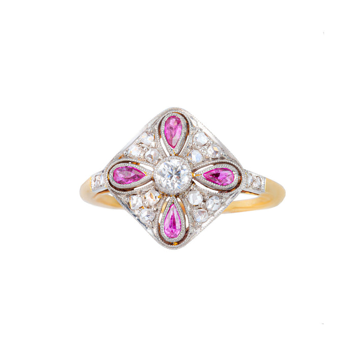 Antique 1920s Art Deco ring with central diamond, pear shaped rubies and old cut diamond accents, 18ct gold