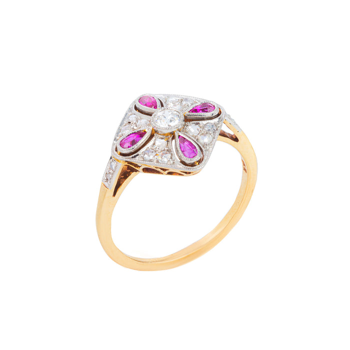 Art Deco 18ct gold ring with ruby and diamond plaque top and millegrain platinum detail, side angle