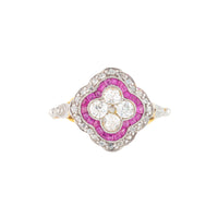 Antique Art Deco diamond and ruby plaque ring in platinum and gold, central quatrefoil cluster framed by rose cut diamond border, c.1920s.