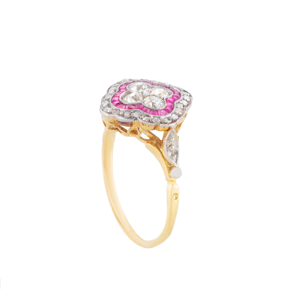 Side view of antique Art Deco ruby and diamond ring c.1920s, platinum and 18ct gold mount.