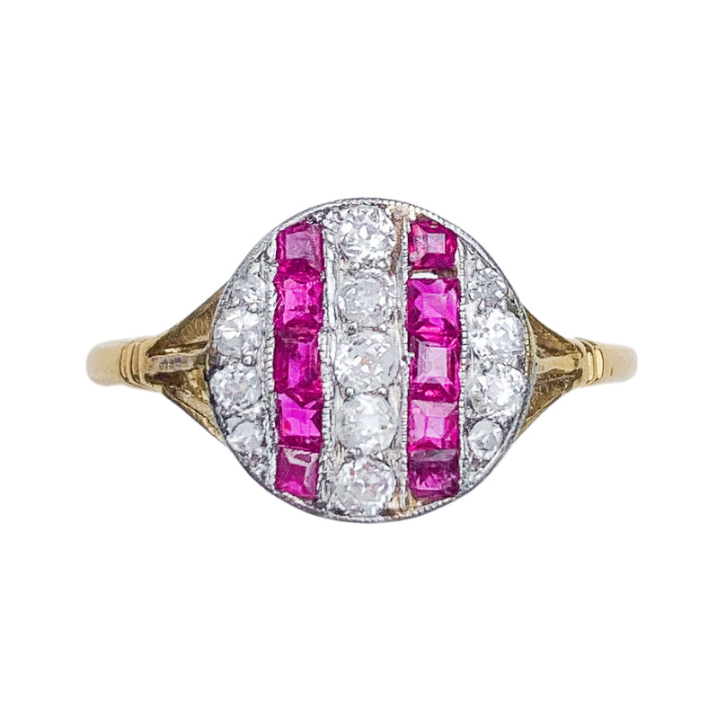 Art Deco ruby and diamond stripe ring, 18ct gold with platinum millegrain, c.1920s