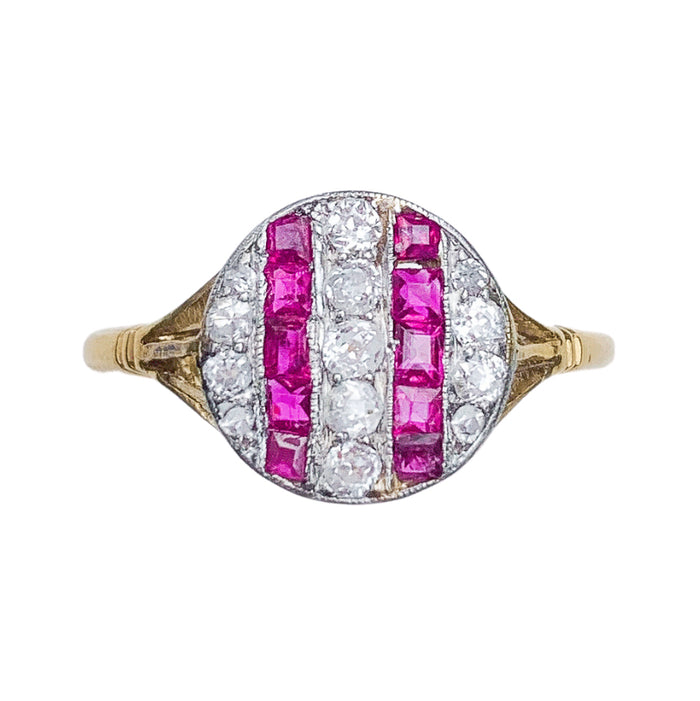 Art Deco ruby and diamond stripe ring, 18ct gold with platinum millegrain, c.1920s