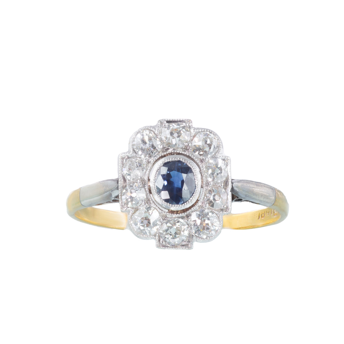 Art Deco sapphire and diamond cluster ring c.1920s, platinum and 18ct gold, with 0.40ct sapphire and 0.75ct old cut diamonds, front view.