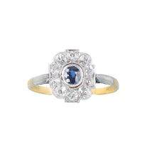 Art Deco sapphire and diamond cluster ring c.1920s, platinum and 18ct gold, with 0.40ct sapphire and 0.75ct old cut diamonds, front view.