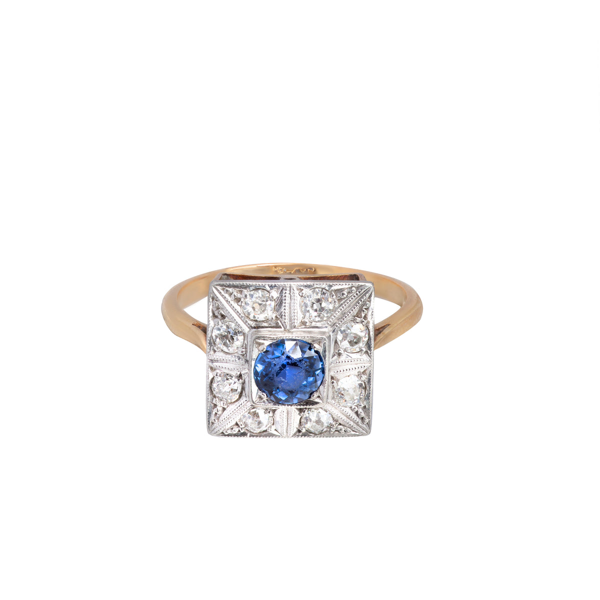 Art Deco sapphire and diamond ring in 18ct gold with platinum detail, front view showing central blue sapphire and old cut diamonds