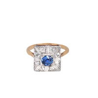 Art Deco sapphire and diamond ring in 18ct gold with platinum detail, front view showing central blue sapphire and old cut diamonds