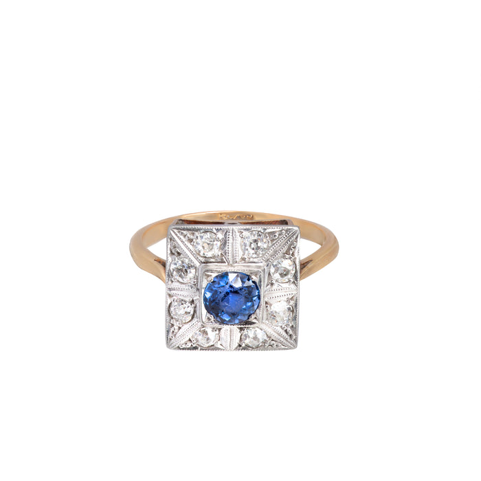 Art Deco sapphire and diamond ring in 18ct gold with platinum detail, front view showing central blue sapphire and old cut diamonds