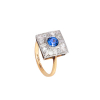 Art Deco sapphire and old cut diamond ring in 18ct gold and platinum, side profile highlighting raised sapphire and millegrain detail