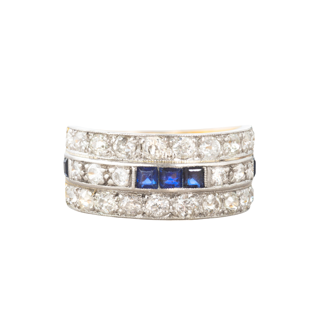 1930s Art Deco ring with old cut diamonds and square cut sapphires, front profile