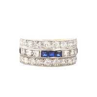 1930s Art Deco ring with old cut diamonds and square cut sapphires, front profile