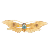 Art Nouveau French moth brooch, c.1900, with hand carved translucent horn wings and turquoise cabochon body, shown from the front.