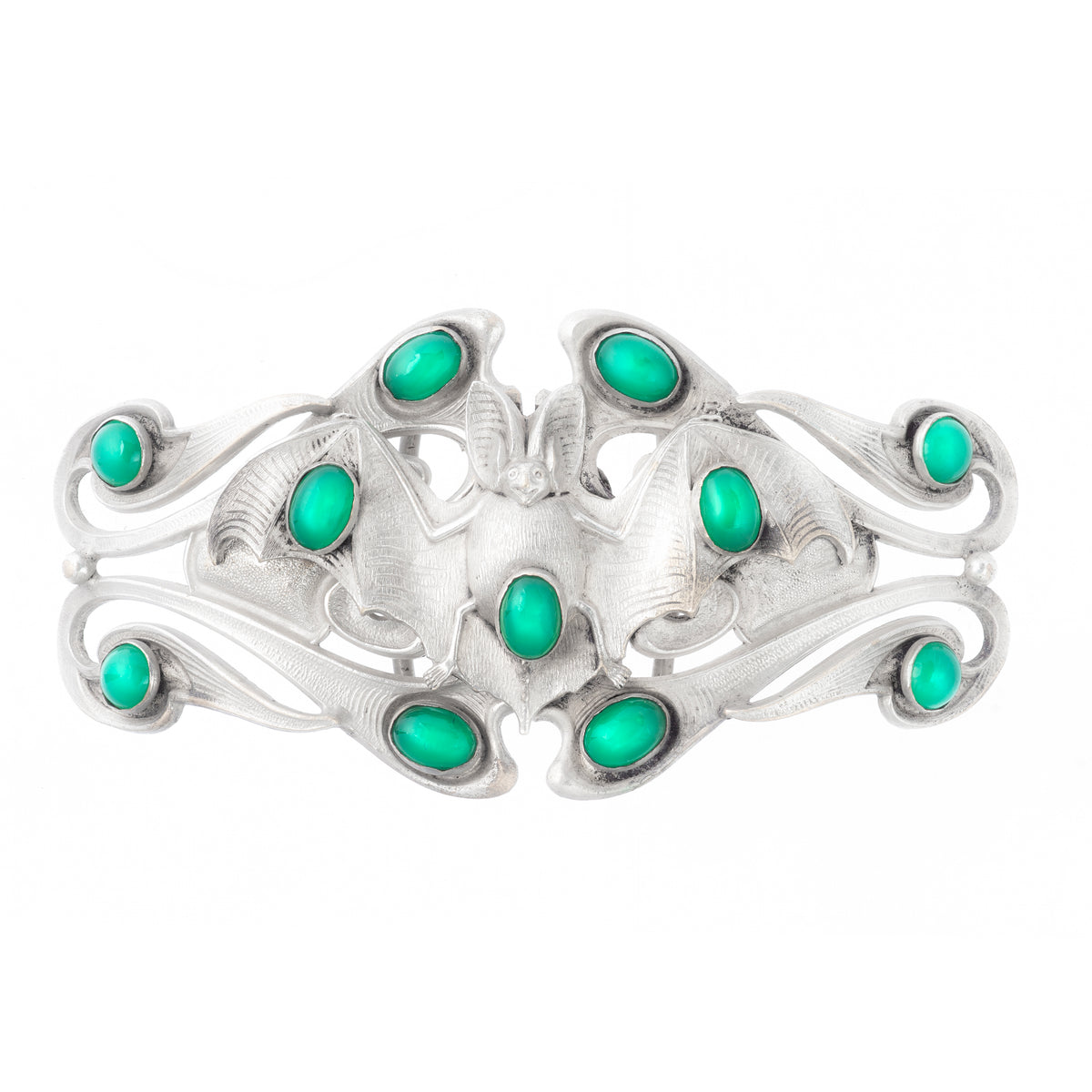 Closed view of Art Nouveau silver bat buckle c.1920, with flowing design and green chrysoprase cabochons set around a stylised bat.