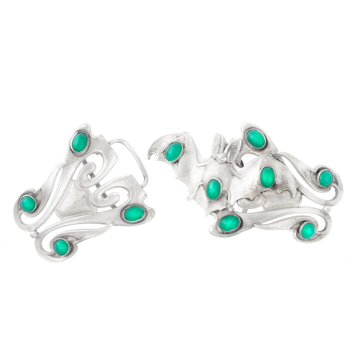 Open view of antique Art Nouveau silver bat buckle c.1920, showing detailed silverwork and chrysoprase cabochons in curved flourishes.