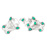 Open view of antique Art Nouveau silver bat buckle c.1920, showing detailed silverwork and chrysoprase cabochons in curved flourishes.