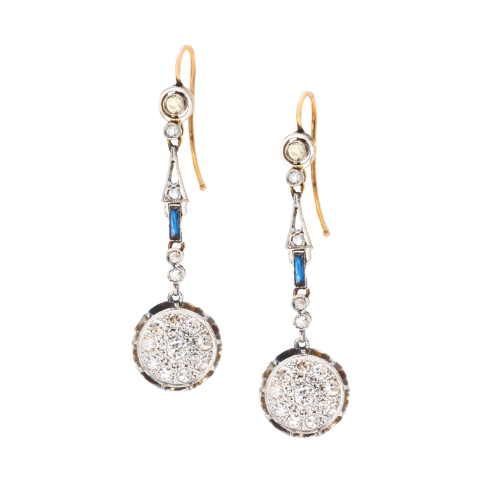 Antique Belle Époque diamond and sapphire drop earrings, crafted in 18ct gold with platinum, c.1910s, featuring old cut diamonds and calibre cut sapphires.