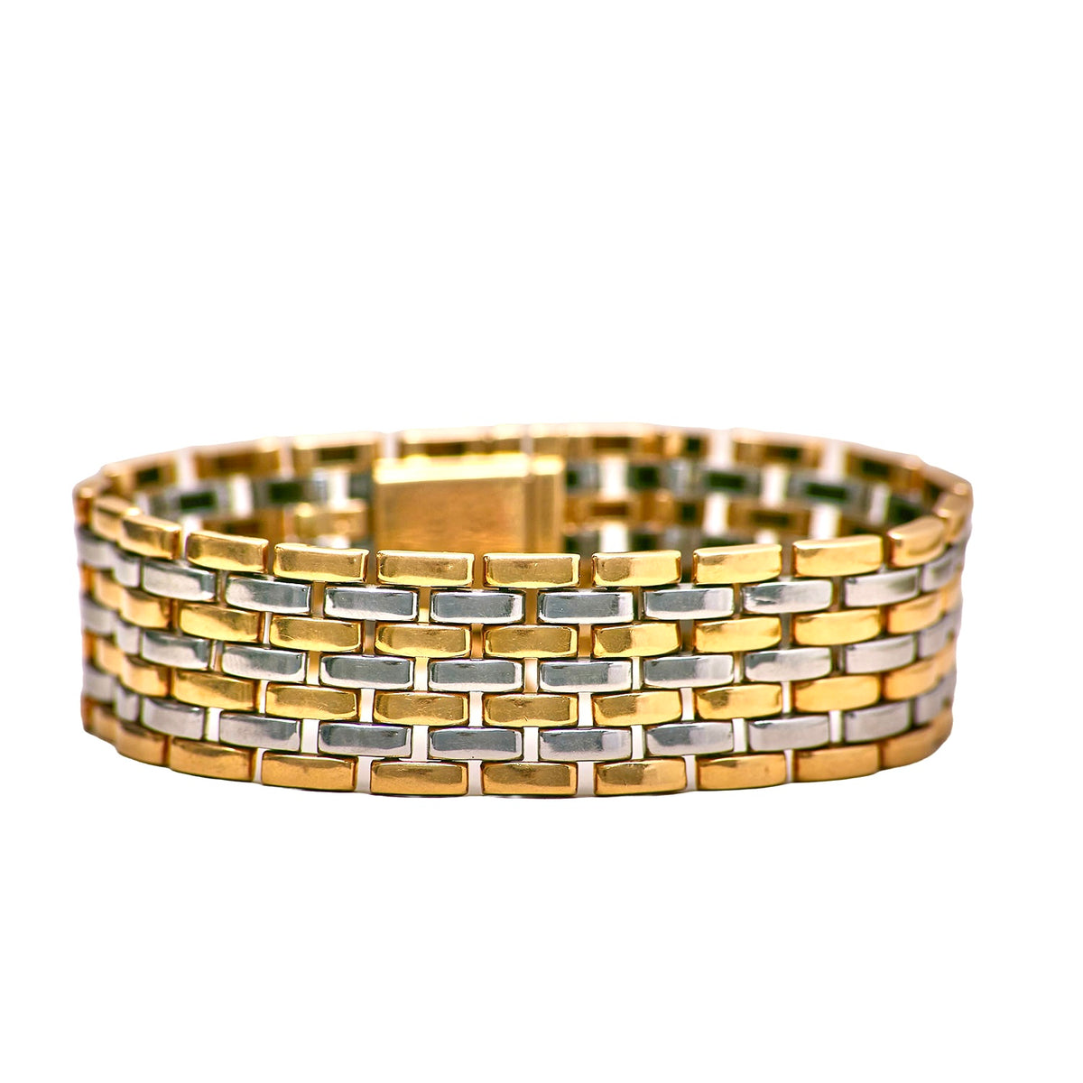 Front view of 1980s Cartier Panthère bracelet in 18ct yellow gold and stainless steel, seven row link design, signed and numbered