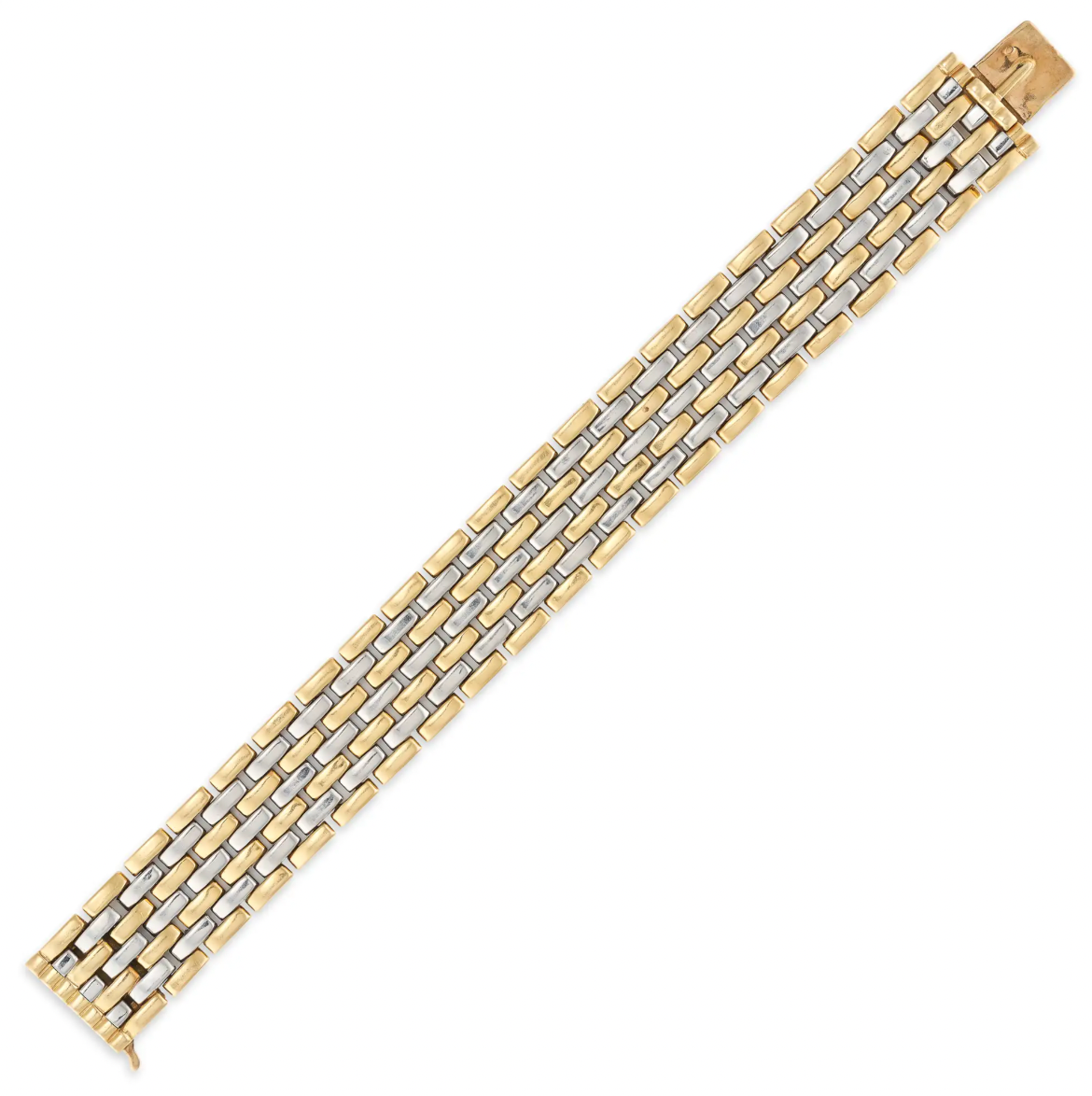 Full length view of 1980s Cartier Panthère bracelet in 18ct yellow gold and stainless steel, seven row link design with integrated clasp