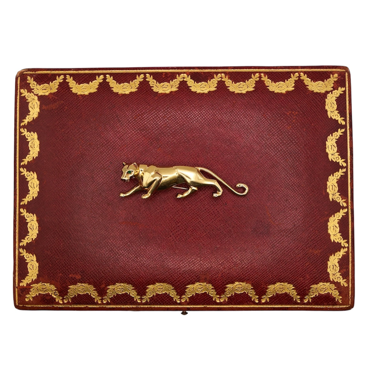 Vintage 1980s Cartier Panthère brooch in 18ct yellow gold displayed on iconic Cartier red box (box sold separately)