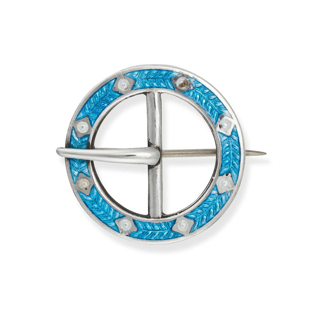 Charles Horner 1912 Arts and Crafts silver brooch with turquoise guilloché enamel leafwork and white enamel accents, Chester hallmark.