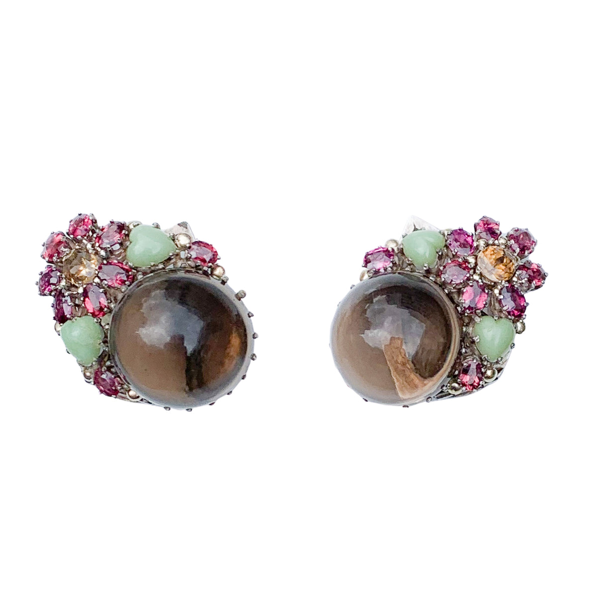 Front view of Dorrie Nossiter Arts and Crafts dress clips in silver with smoky quartz, chalcedony, tourmaline and citrine, English c.1920s