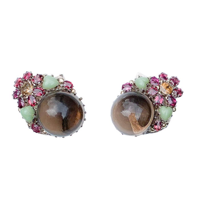 Front view of Dorrie Nossiter Arts and Crafts dress clips in silver with smoky quartz, chalcedony, tourmaline and citrine, English c.1920s