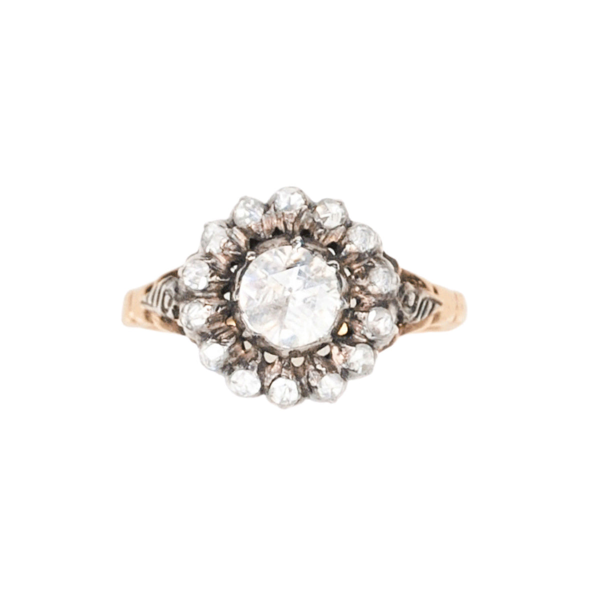 Antique Dutch rose cut diamond cluster ring in 14ct gold and silver, Georgian style, c.1820s – front view.